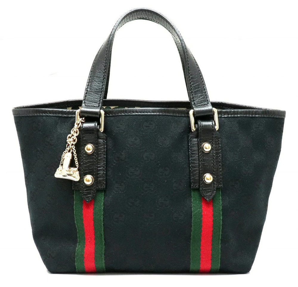 Gucci GG Canvas Sherry Tote Bag Handbag Charm Leather Black Green Red